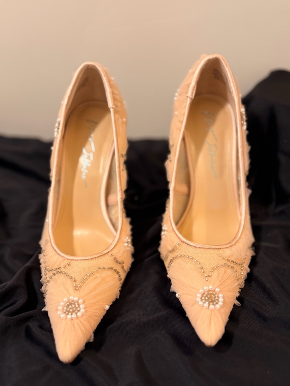 Betsey Johnson Nude Beaded Tulle Pointed Pump with Teal Heel - Picture 11 of 11